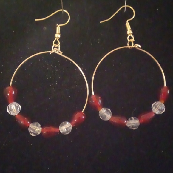 Hand Crafted Jewelry - ❤️ Handmade Hoop Cranberry Red/Clear Beaded Earrings